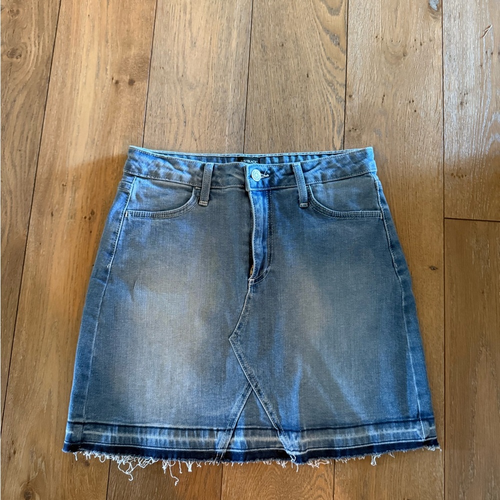 Just Black Faded Blue Denim Mini Skirt with Frayed Hem
